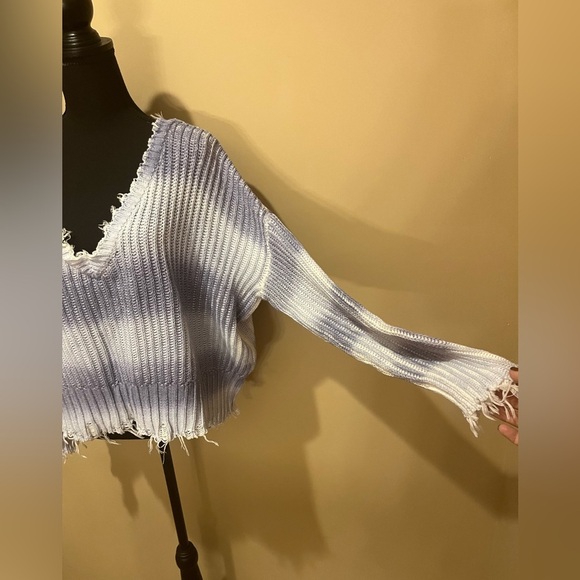 White Crow Periwinkle Raw Edge Fade Ombré Stripe Sweater, size Large - Picture 3 of 6